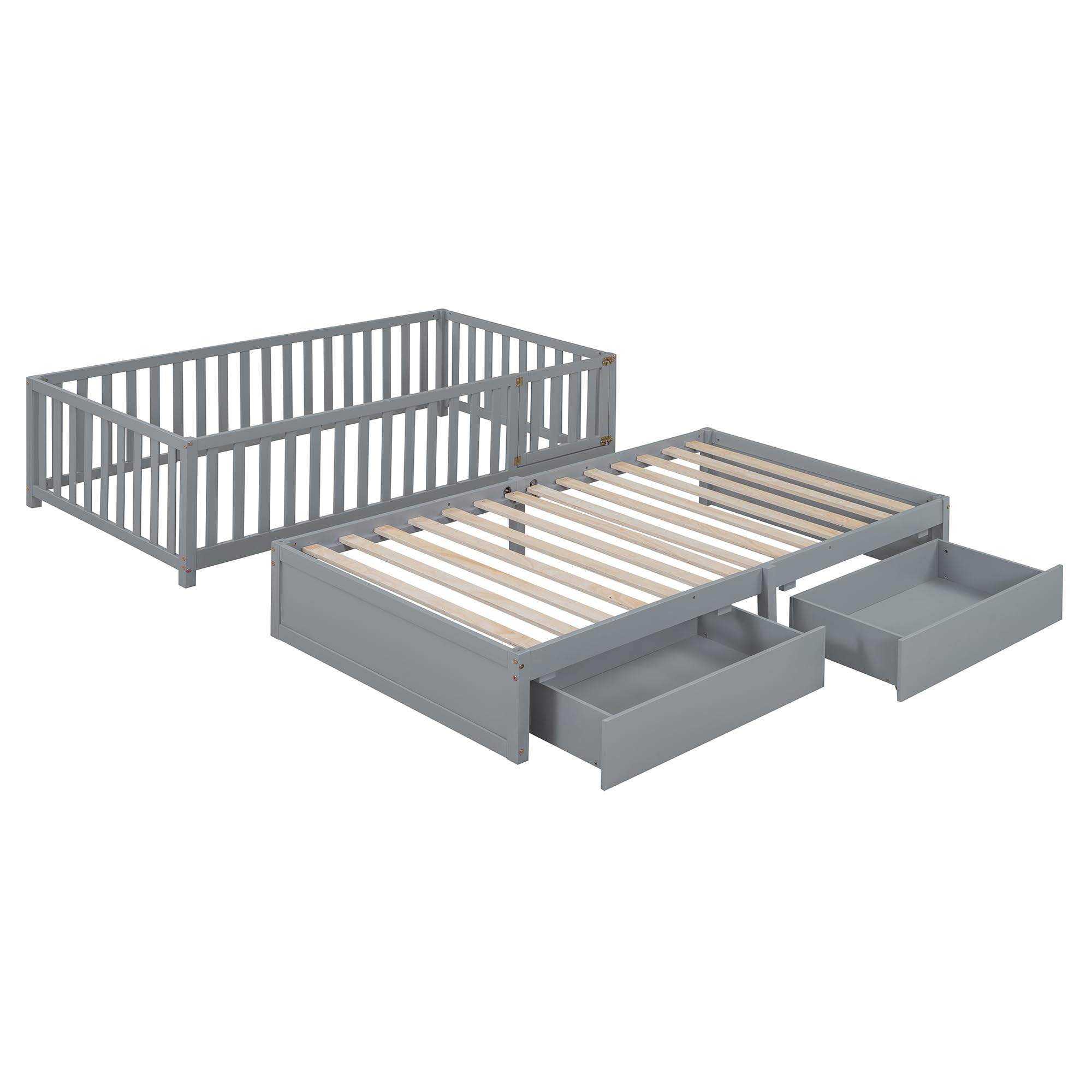 SOFTSEA Wood Daybed Twin Size with Fence Guardrail and Storage Drawers, Split Into Independent Floor Bed and Daybed for Boys Girls, Kids Platofrm Daybed Frame, Gray