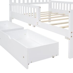 SOFTSEA Cute Twin Platform Bed Frame for Boys Girls with Guardrail and Storage Wood Bed Frame with Drawers for Storage, Wood Slats and No Box Spring Needed, White