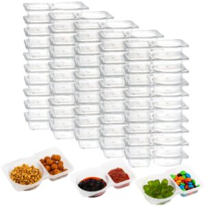 justashow 50 pack double compartment condiment container with lid, 5oz disposable small snack container 2 compartment for meal prep, salad dressing, dipping sauce, travel snacks