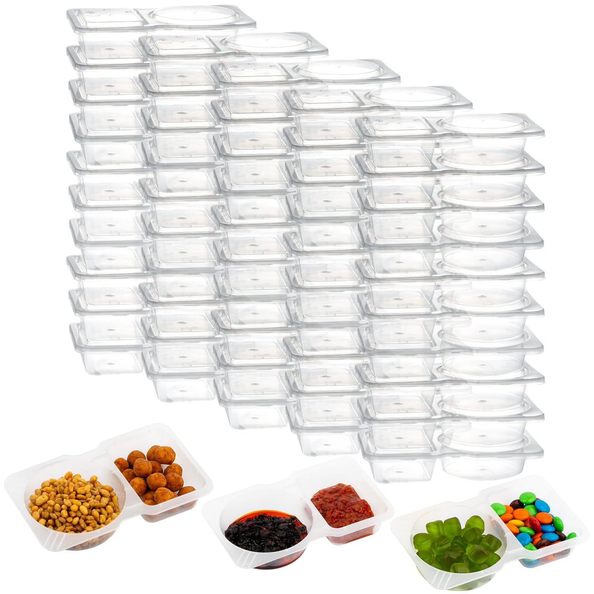 JUSTASHOW 50 Pack Double Compartment Condiment Container with Lid, 5oz Disposable Small Snack Container 2 Compartment for Meal Prep, Salad Dressing, Dipping Sauce, Travel Snacks