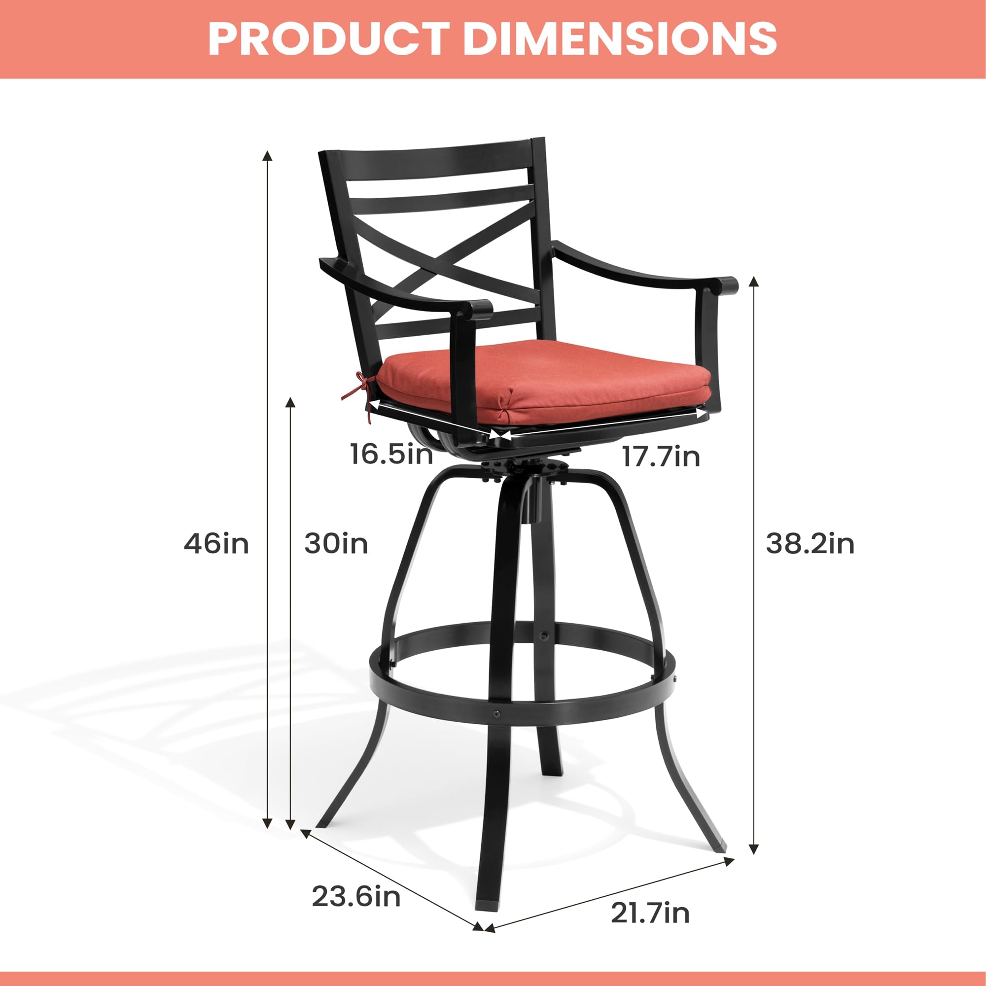 Pellebant Swivel Outdoor Bar Stools Set of 4, Patio Bar Height Chairs with Cushion and Cast Aluminum Frame, Outdoor Furniture w/Armrest & High Back for Deck Lawn Garden, Red