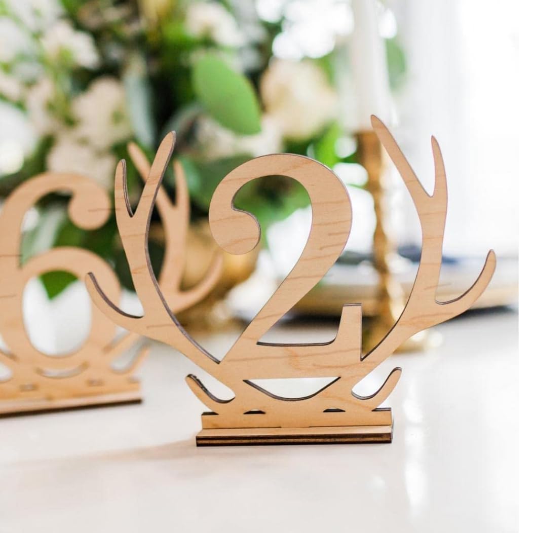 SWEETBIUTI Table Numbers Wooden Number Plate Freestanding Table Cards 1-20 Table Number Sign Stand Antler Table Cards Table Decor for Banquets Outdoor Living.