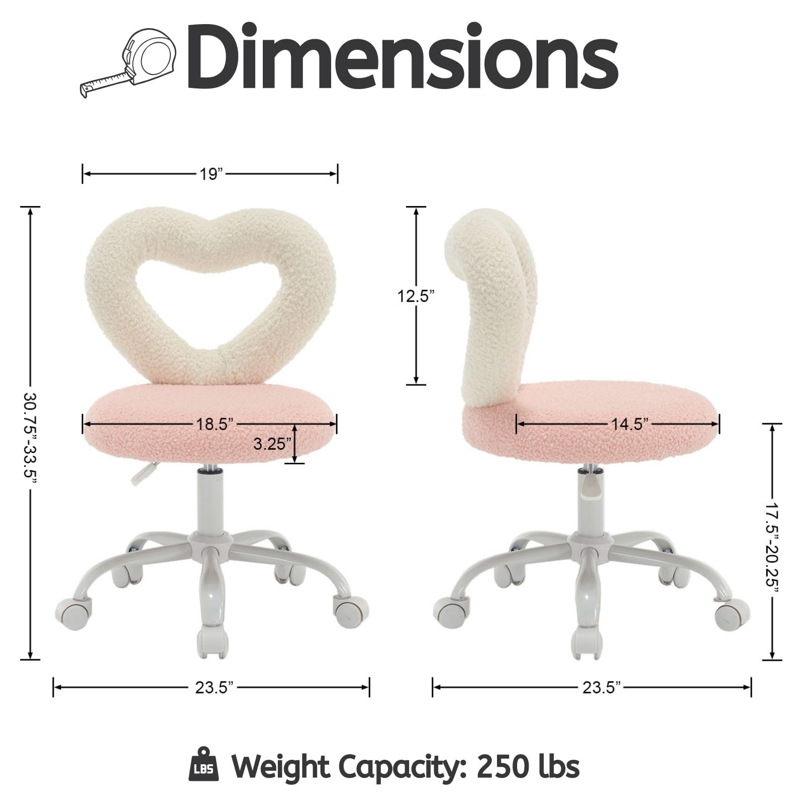 LukeAlon Kids Desk Chair with Rolling Wheels, Sherpa Heart Back Swivel Child Chair Upholstered Adjustable Teen Computer Chair Comfy Students Study Chair for Boys and Girls, Pink White