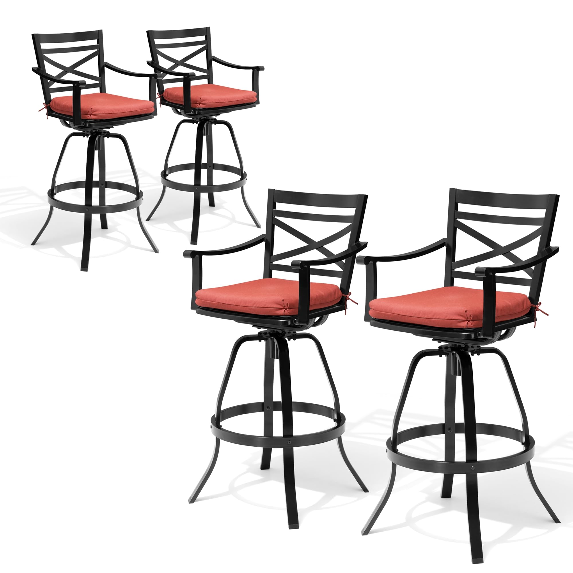 Pellebant Swivel Outdoor Bar Stools Set of 4, Patio Bar Height Chairs with Cushion and Cast Aluminum Frame, Outdoor Furniture w/Armrest & High Back for Deck Lawn Garden, Red