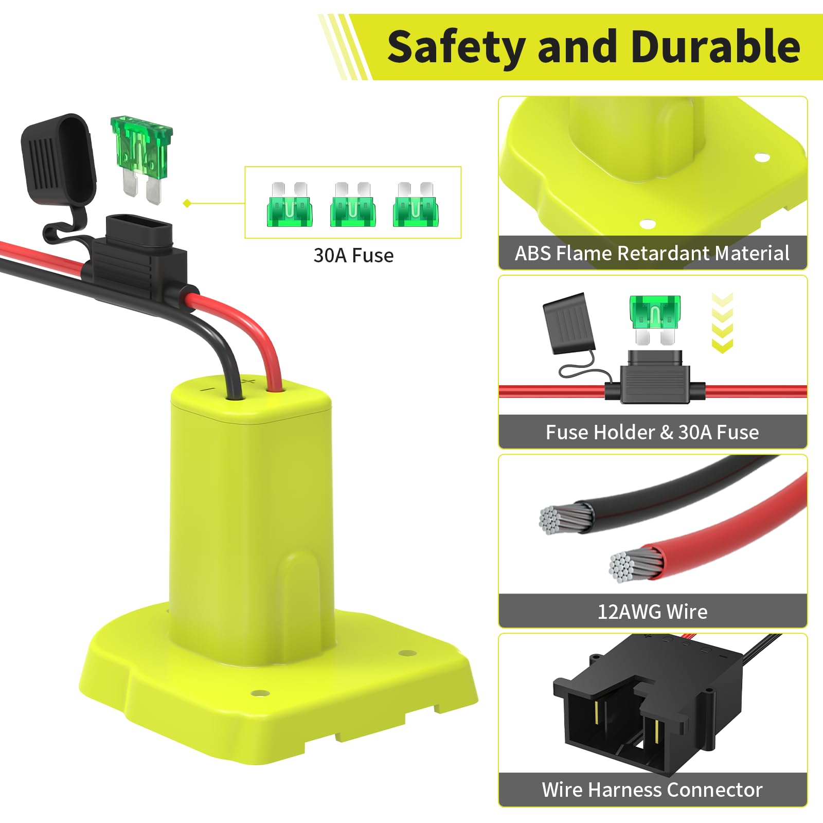 Kzreect Power Wheels Battery Adapter for Ryobi 18V Battery with Wire Harness Connector, Compatible with Fisher-Price Power Wheels, Battery Converter with 12AWG Wire, Fuses Holder & 30A Fuses