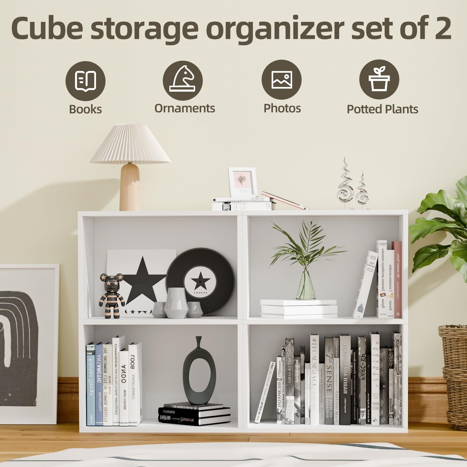 infurnic 2 Cube Storage Organizer Shelves, Stackable Wood Bookcase Fits Cubby Bins for Organization, Dorm Teen Room Decor & Home Office, White