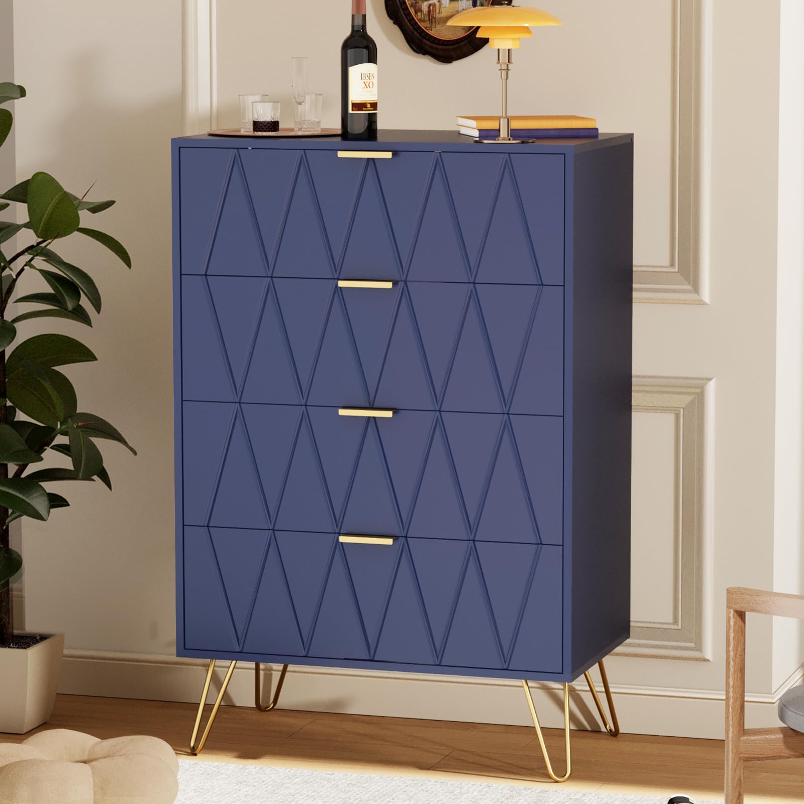 UEV Navy Blue 4 Drawer Dresser for Bedroom, Tall Bedroom Dresser with Large Drawer & Golden Handles, Wooden Modern Storage Cabinet Chest of Drawer for Bedroom,Closet,Hallway (Navy Blue)