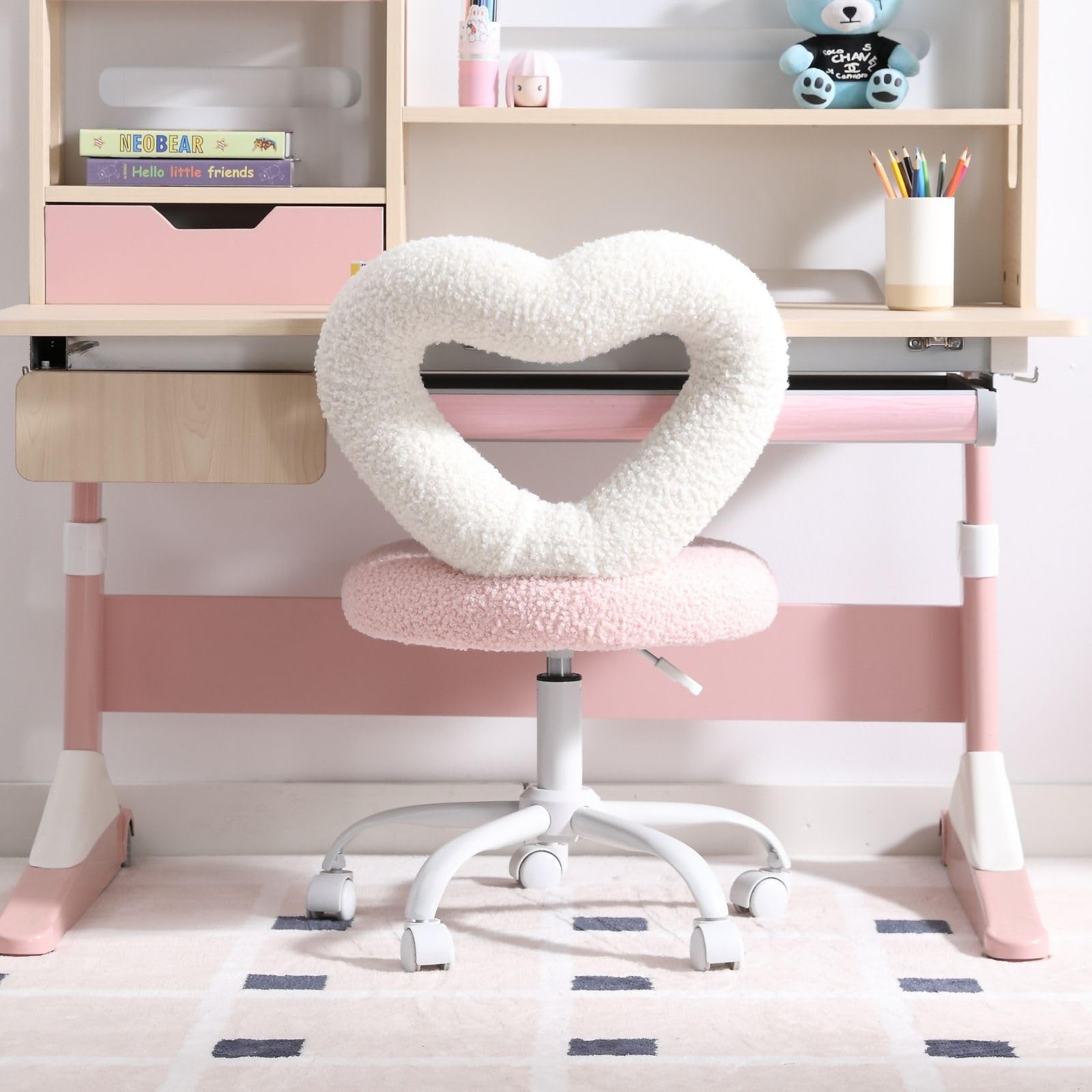 LukeAlon Kids Desk Chair with Rolling Wheels, Sherpa Heart Back Swivel Child Chair Upholstered Adjustable Teen Computer Chair Comfy Students Study Chair for Boys and Girls, Pink White