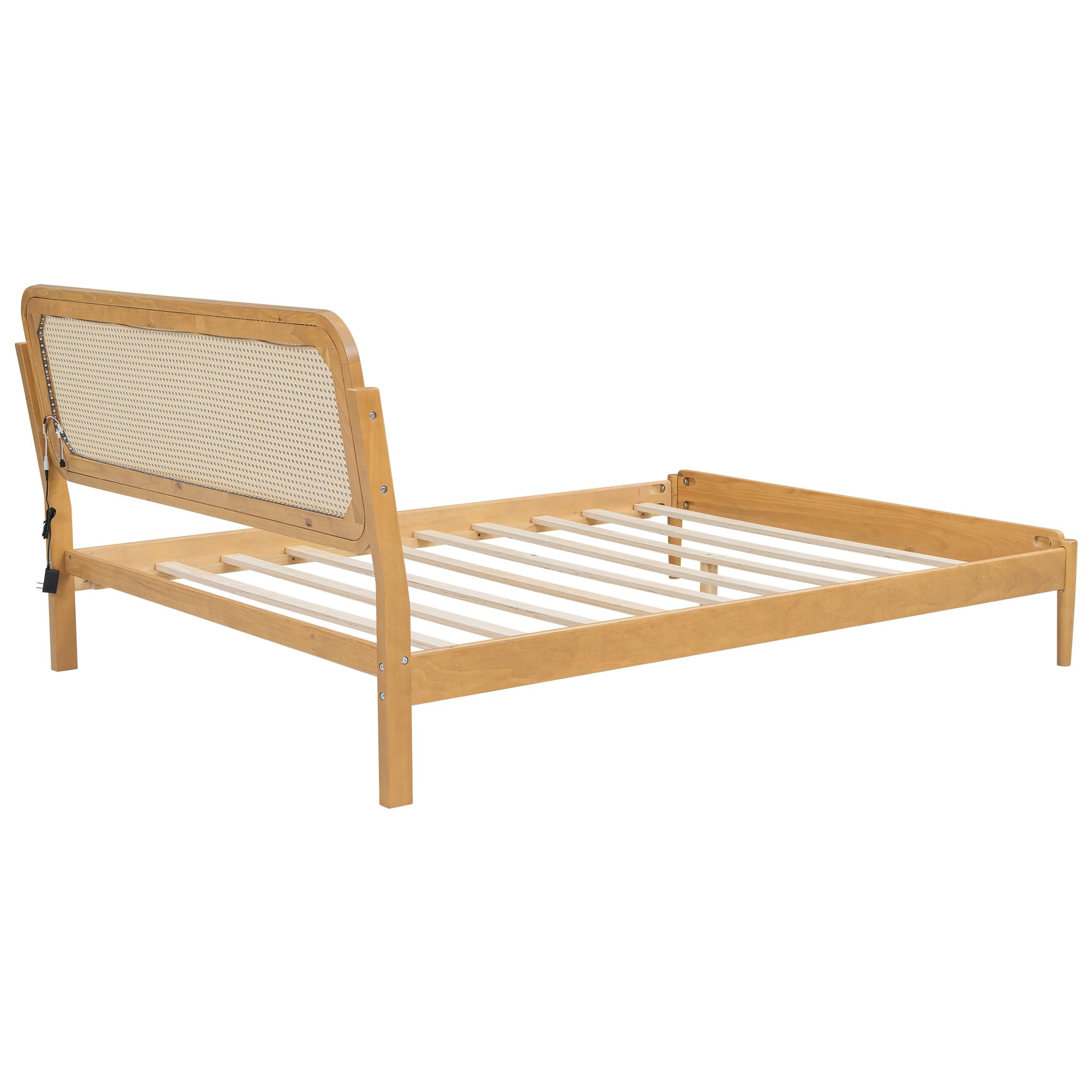 RuiSiSi Queen Bed Frame with LED Lights Rattan Platform Bed Frame with Natural Rattan Headboard (Natural, Queen)