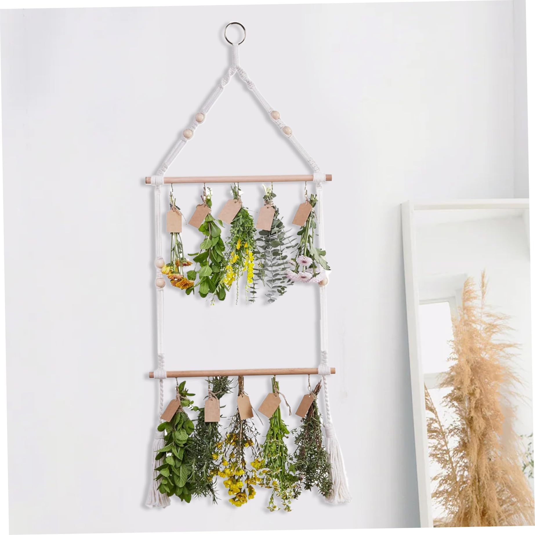 SWEETBIUTI Herb Drying Rack 2Tier Wood and Cotton Safe Hand-Woven Herb Drying Rack Hanging Adjustable Flower Drying Rack with Detachable Hooks for Herb Dryer Wall Decor.