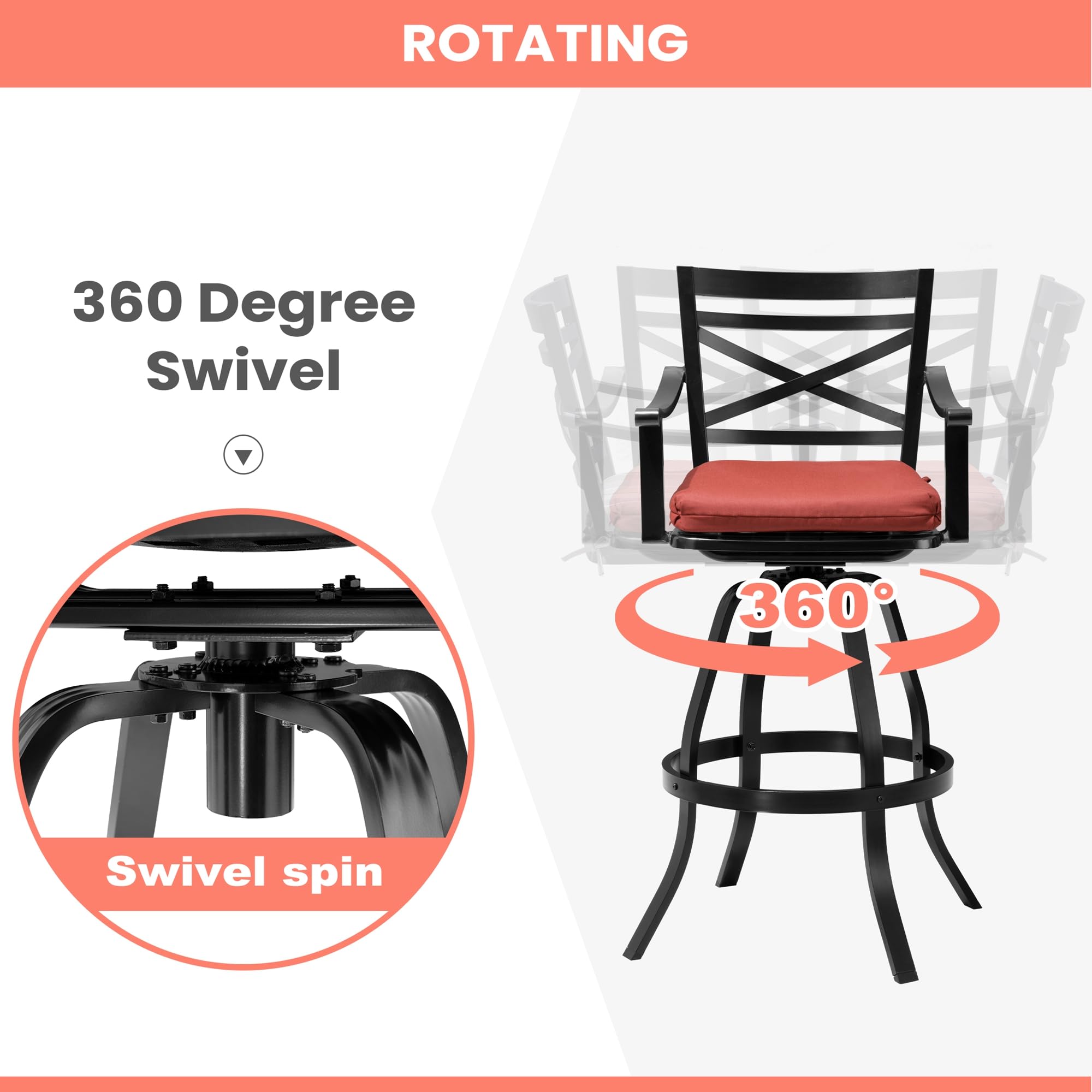 Pellebant Swivel Outdoor Bar Stools Set of 4, Patio Bar Height Chairs with Cushion and Cast Aluminum Frame, Outdoor Furniture w/Armrest & High Back for Deck Lawn Garden, Red