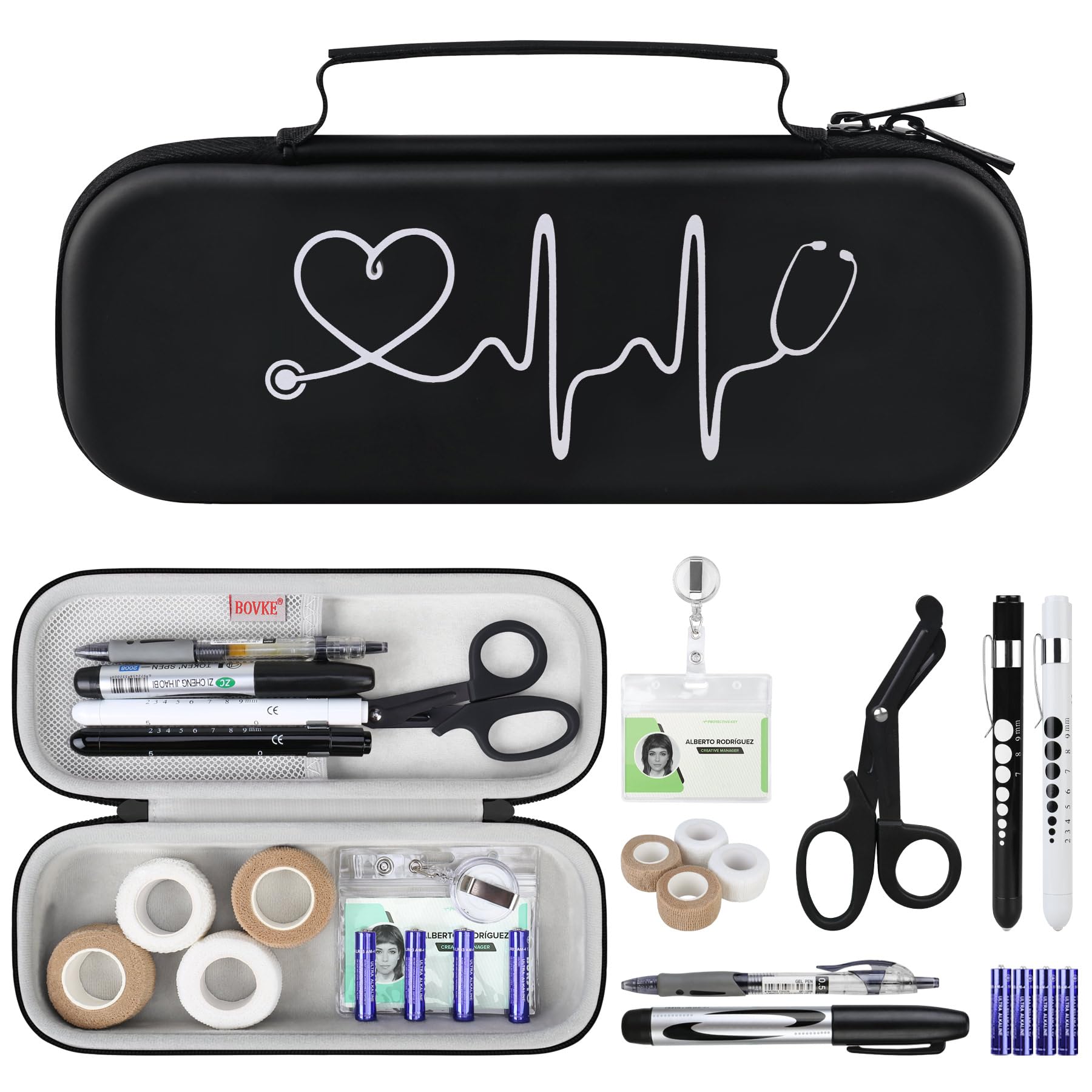 BOVKE 15 Pcs Stethoscope Case Sets Medical Supplies Include Stethoscope Case, Medical Scissors, 2 Penlights with Batteries, Bandage Wraps, Name Card Holder for Nursing School Tool Kits, Black