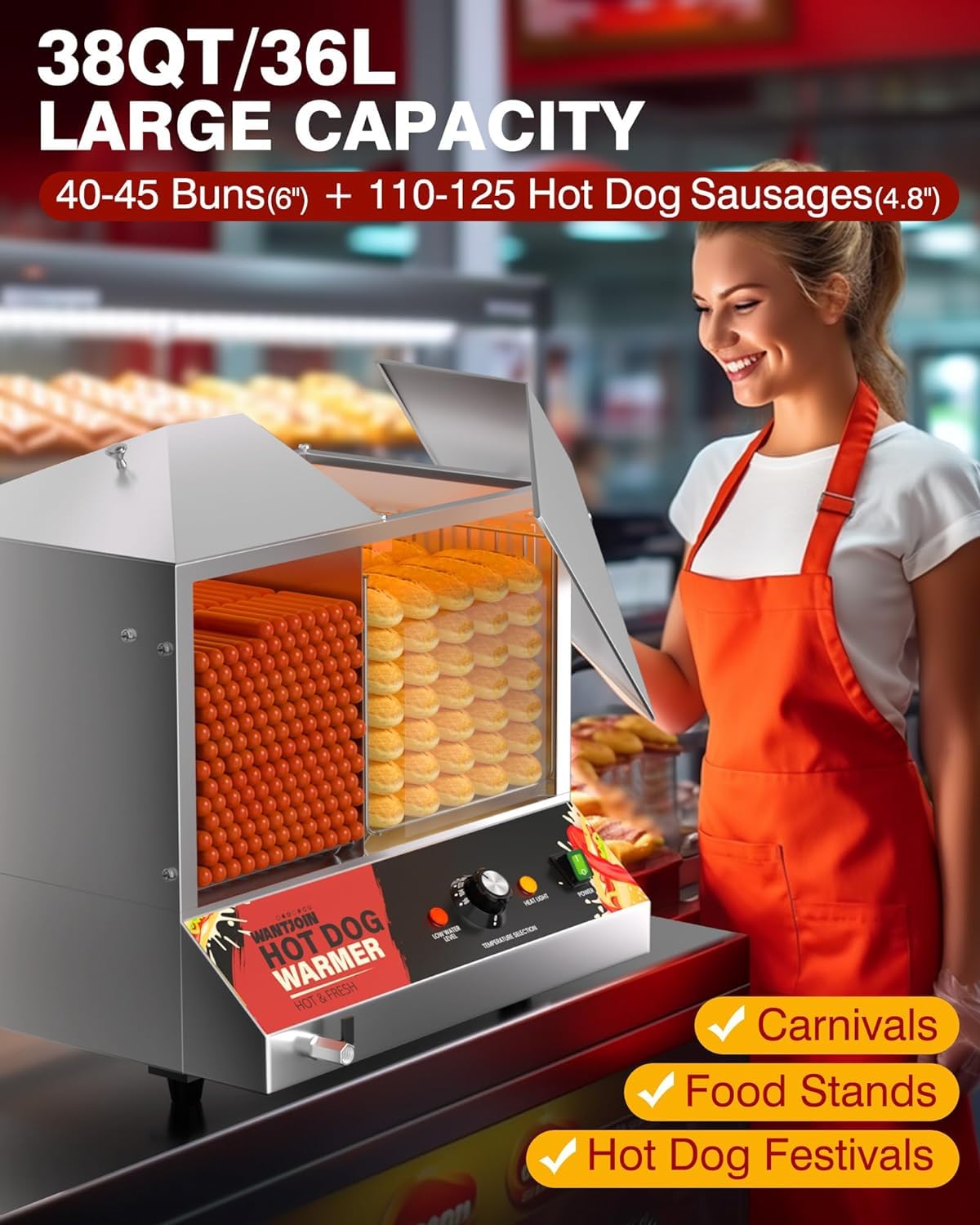 WantJoin Hot Dog Steamer Machine, 36L/38QT Electric Hot Dog Steamer with Bun Warmer, Stainless Steel Hot Dog Cabinet with Tempered Glass for 110-125 Sausages & 40-45 Buns,1200W