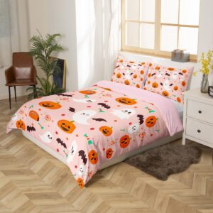 Halloween Pumpkin Decor Bedding Set Cute Ghost Decor Duvet Cover Full, Kids Trick Or Treat Duvet Cover Set for Boys Girls Gothic Pumpkin Lights Kawaii Shadows Pink Room Decor, No Comforter