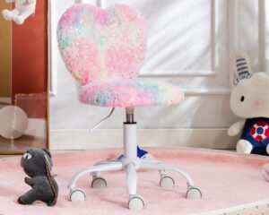 dayalane fluffy desk chair with wheels, cute kids study chair with adjustable height, faux fur task computer chair swivel chair for girls, teen rolling chair for bedroom, vanity, rainbow pink