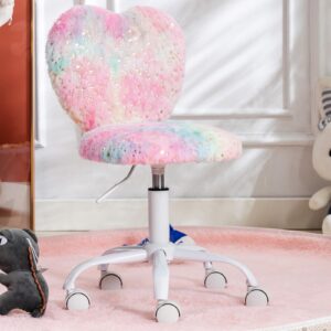 DAYALANE Fluffy Desk Chair with Wheels, Cute Kids Study Chair with Adjustable Height, Faux Fur Task Computer Chair Swivel Chair for Girls, Teen Rolling Chair for Bedroom, Vanity, Rainbow Pink