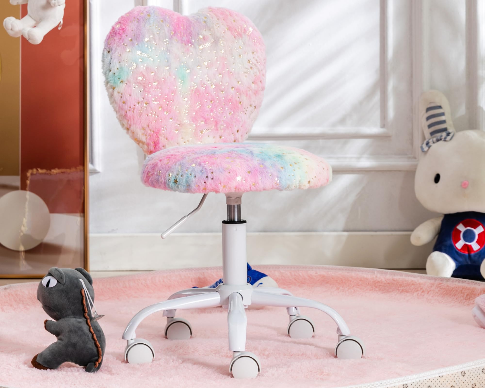 DAYALANE Fluffy Desk Chair with Wheels, Cute Kids Study Chair with Adjustable Height, Faux Fur Task Computer Chair Swivel Chair for Girls, Teen Rolling Chair for Bedroom, Vanity, Rainbow Pink