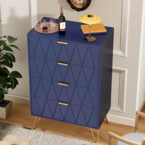 UEV Navy Blue 4 Drawer Dresser for Bedroom, Tall Bedroom Dresser with Large Drawer & Golden Handles, Wooden Modern Storage Cabinet Chest of Drawer for Bedroom,Closet,Hallway (Navy Blue)