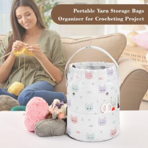 ElliTarr Crochet Bag Yarn Bag with Handle Portable Knitting Project Bag Travel Yarn Storage Organizer Holder Case Cute Cat White