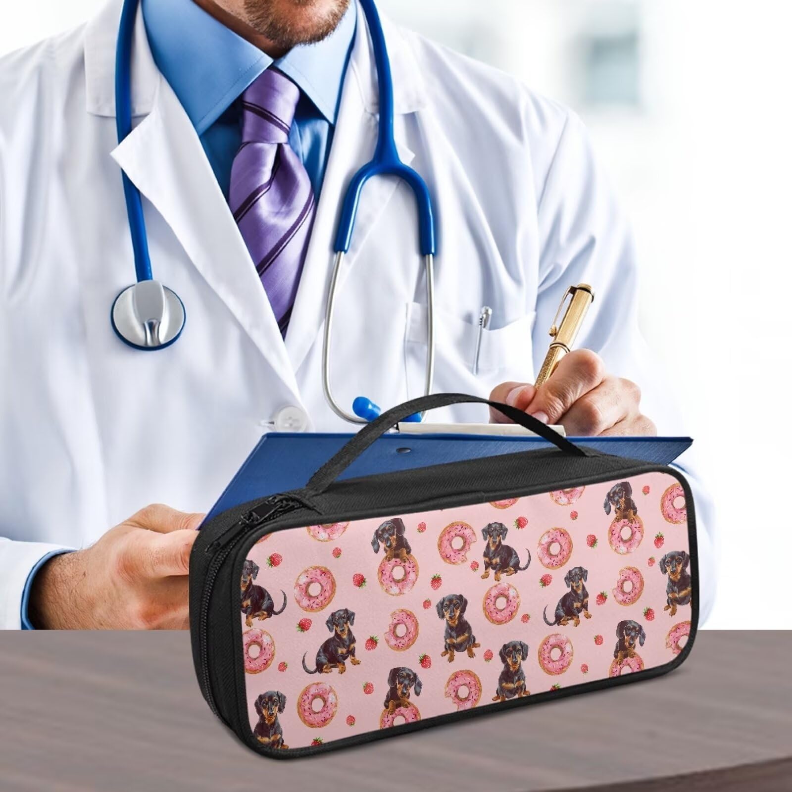 Gomyblomy Dachshund Donuts Print Stethoscope Case with Extra Mesh Pocket for Nursing Accessories, Lightweight Stethoscope Carrying Case Storage Bag Fit for Most Stethoscopes