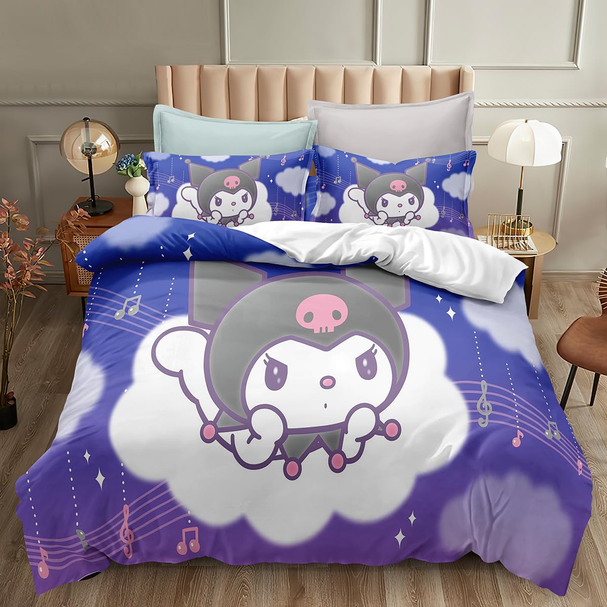 BCFZGVAB The Kuromi Anime Bedding Set,3 Piece Cartoon 3D Cartoon Cute Printed Soft Microfiber Comforter Set with Zipper Closer,Gifts for Teenagers Adult,1 Duvet Cover with 2 Pillowcases