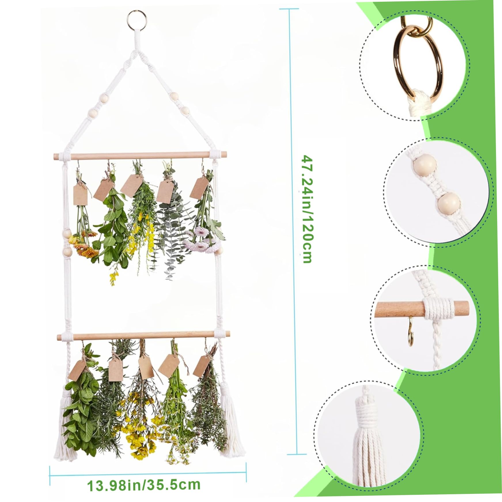 SWEETBIUTI Herb Drying Rack 2Tier Wood and Cotton Safe Hand-Woven Herb Drying Rack Hanging Adjustable Flower Drying Rack with Detachable Hooks for Herb Dryer Wall Decor.