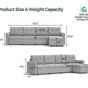 LINSY HOME Rubik III Modular Sofa Sectional Couch with Storage Ottoman, Convertible L Shaped Couch, 5 Seat Sleeper Sofa for Living Room, Apartment, Lounge, Light Grey