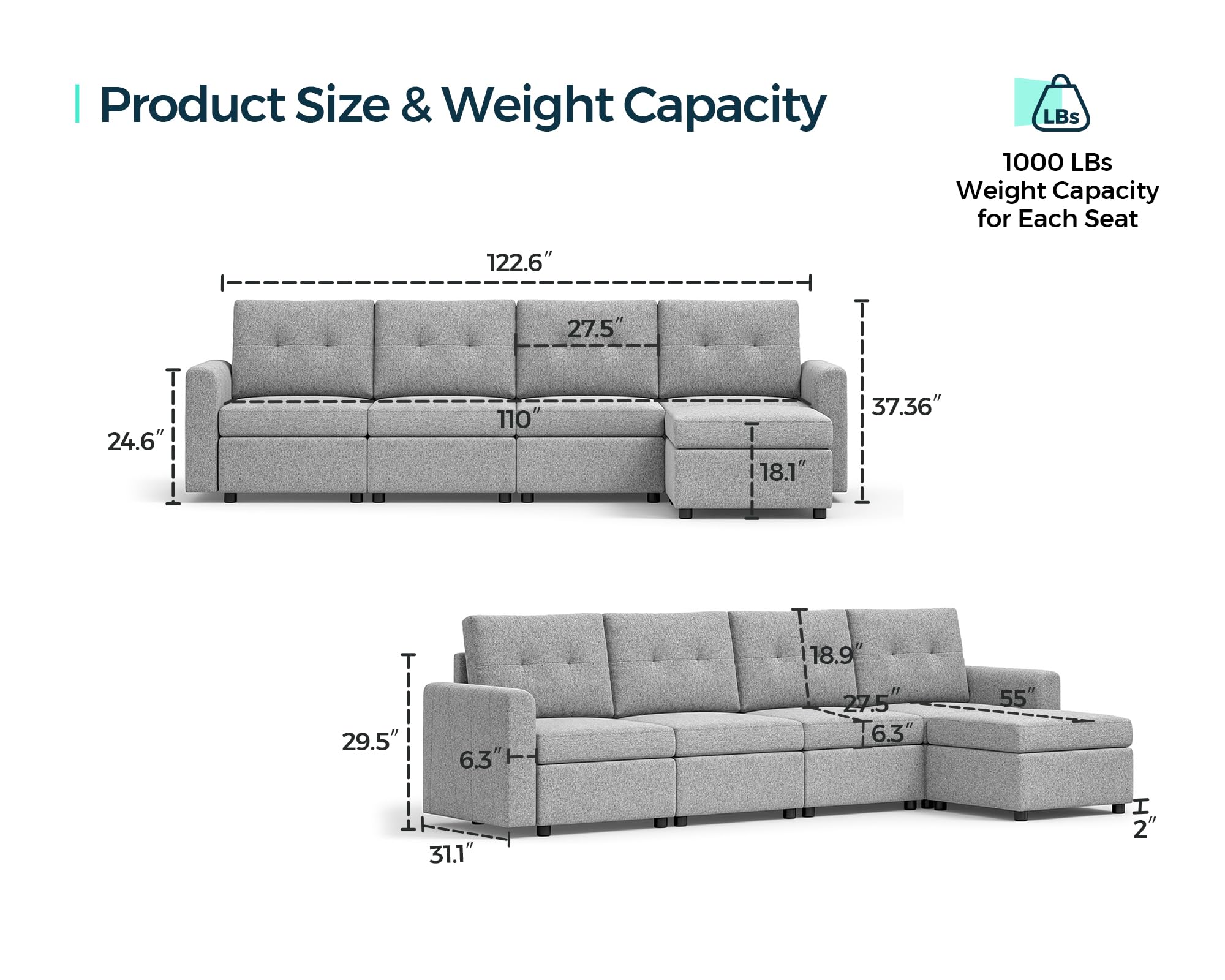 LINSY HOME Rubik III Modular Sofa Sectional Couch with Storage Ottoman, Convertible L Shaped Couch, 5 Seat Sleeper Sofa for Living Room, Apartment, Lounge, Light Grey