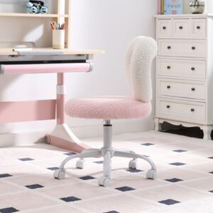 LukeAlon Kids Desk Chair with Rolling Wheels, Sherpa Heart Back Swivel Child Chair Upholstered Adjustable Teen Computer Chair Comfy Students Study Chair for Boys and Girls, Pink White