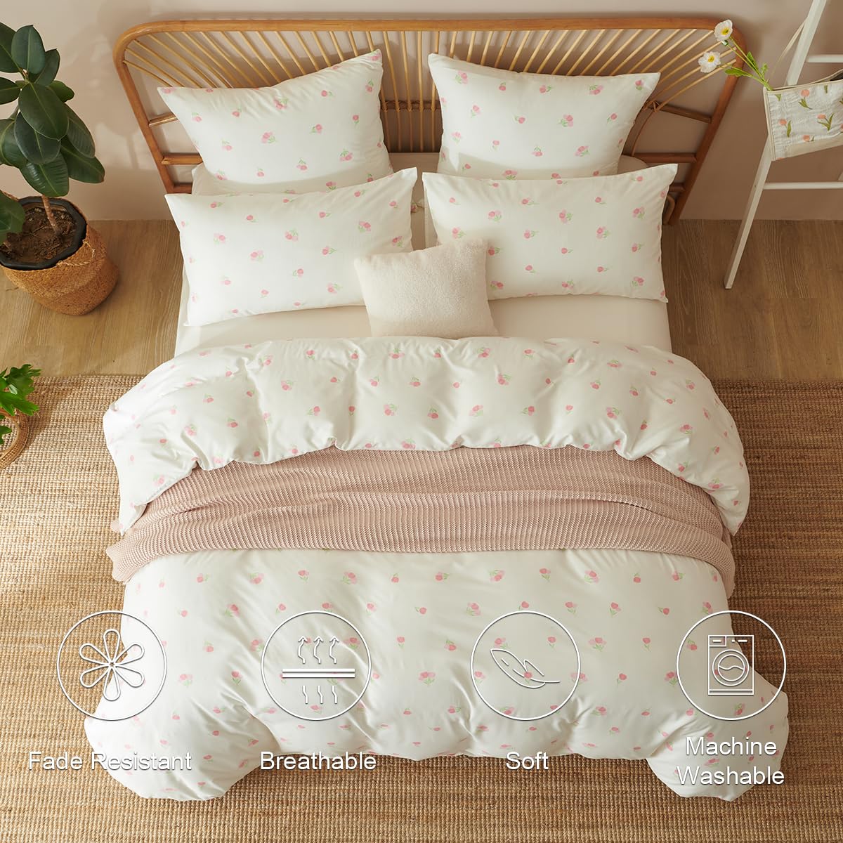 Erwinmu Floral Duvet Cover Set Queen Size,White Pink Tulip Pattern Bedding Duvet Cover with Zipper Closure,Breathable Microfiber Comforter Cover 90"x90" and 2 Pillowcases 20"x30"