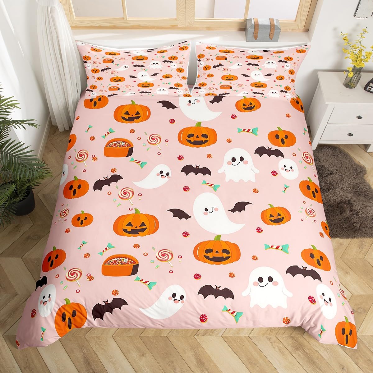 Halloween Pumpkin Decor Bedding Set Cute Ghost Decor Duvet Cover Full, Kids Trick Or Treat Duvet Cover Set for Boys Girls Gothic Pumpkin Lights Kawaii Shadows Pink Room Decor, No Comforter