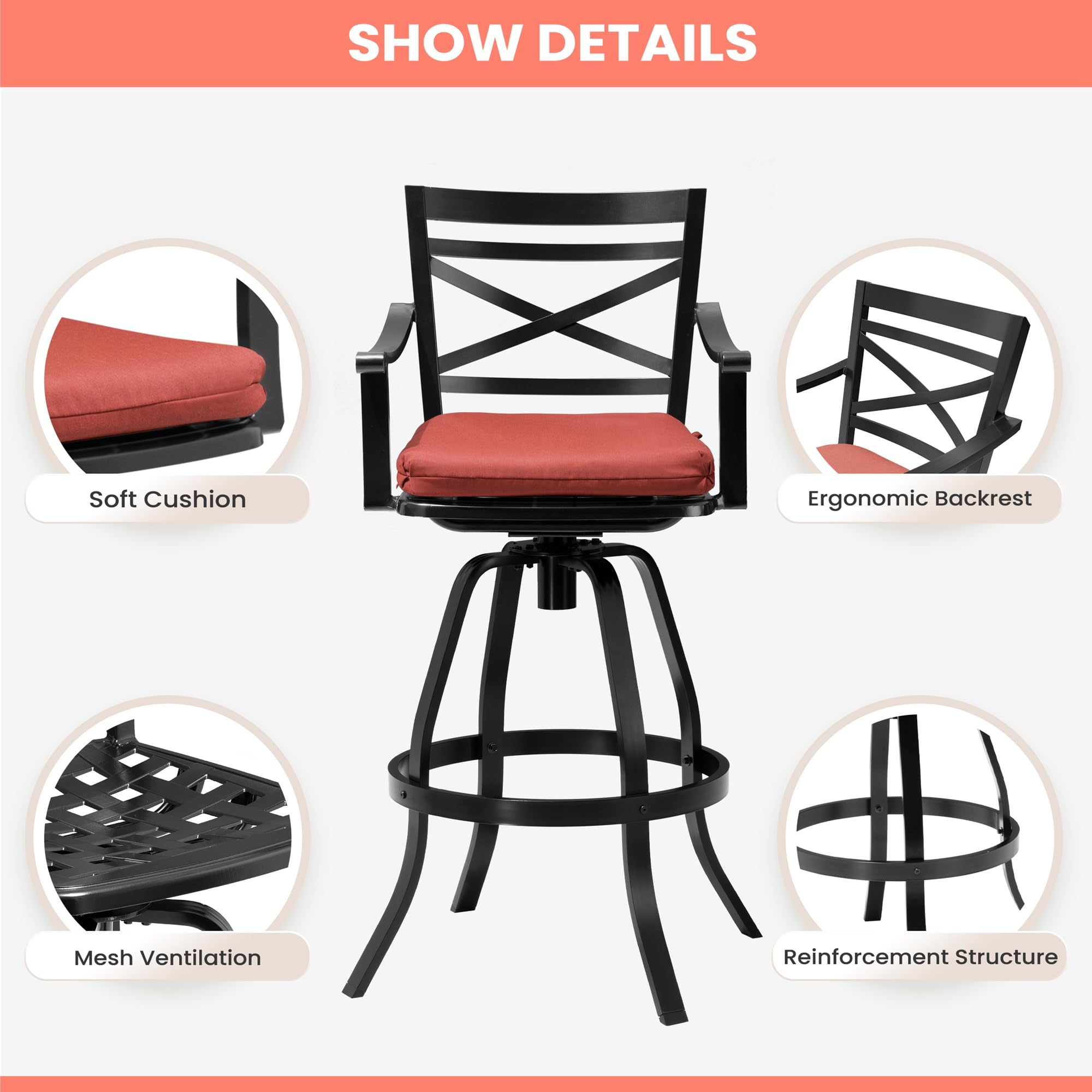 Pellebant Swivel Outdoor Bar Stools Set of 4, Patio Bar Height Chairs with Cushion and Cast Aluminum Frame, Outdoor Furniture w/Armrest & High Back for Deck Lawn Garden, Red