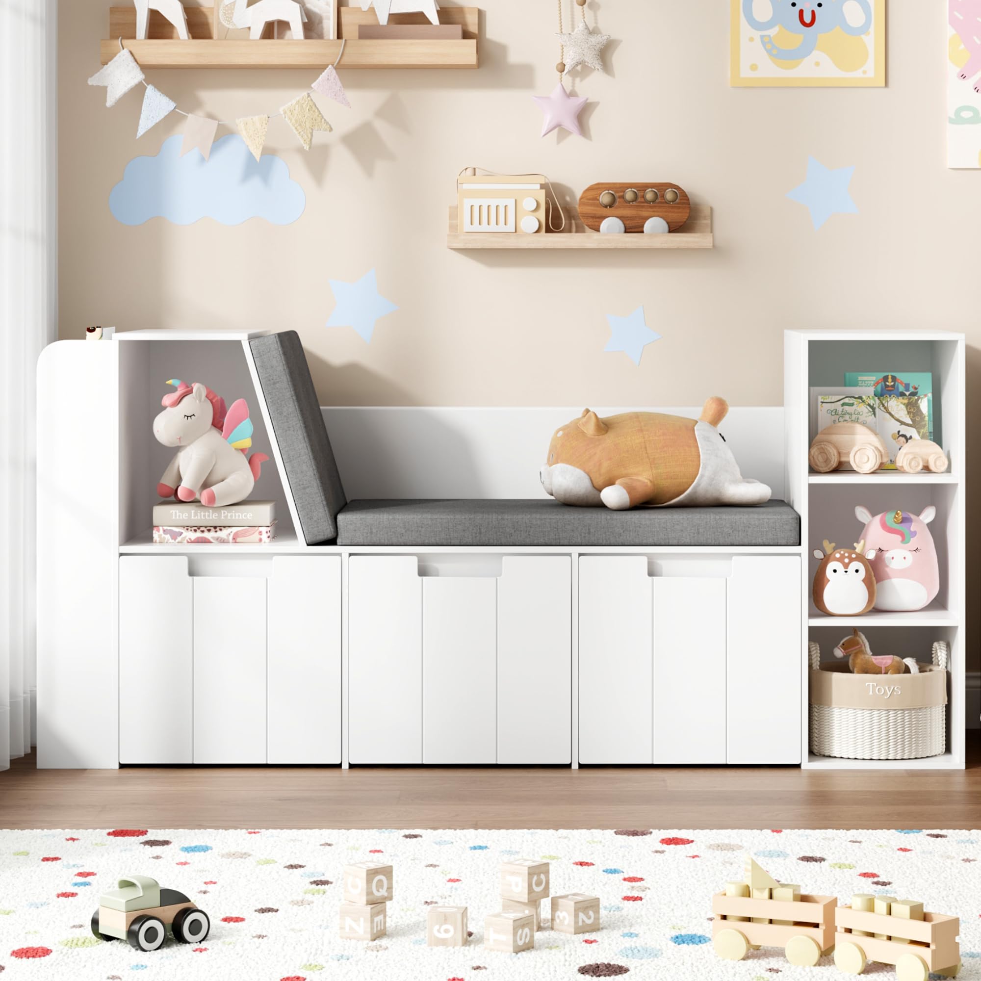 BOTLOG 61.5" Kids Reading Nook with 3-Layer Bookshelf, Reading Nook for Kids with Double Bench and Rolling Drawers, Kids Bookshelf and Toy Storage for Nursery, Playroom, White