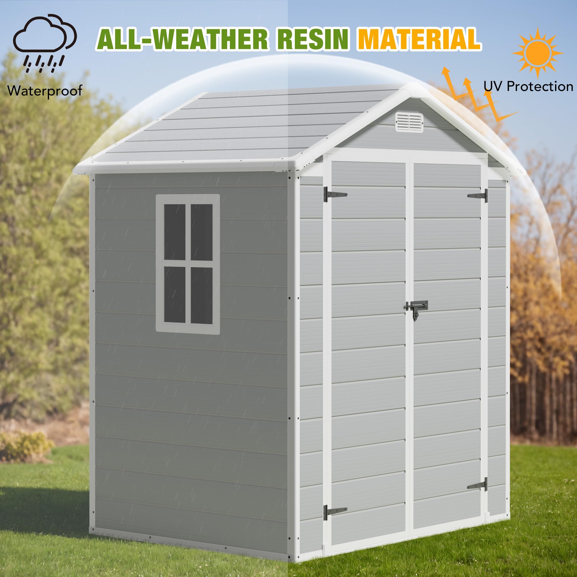 Greesum Outdoor Storage Shed 6X4FT All-Weather Resin Tool Room with Floor for Garden,Backyard,Pool Tool, Light Grey