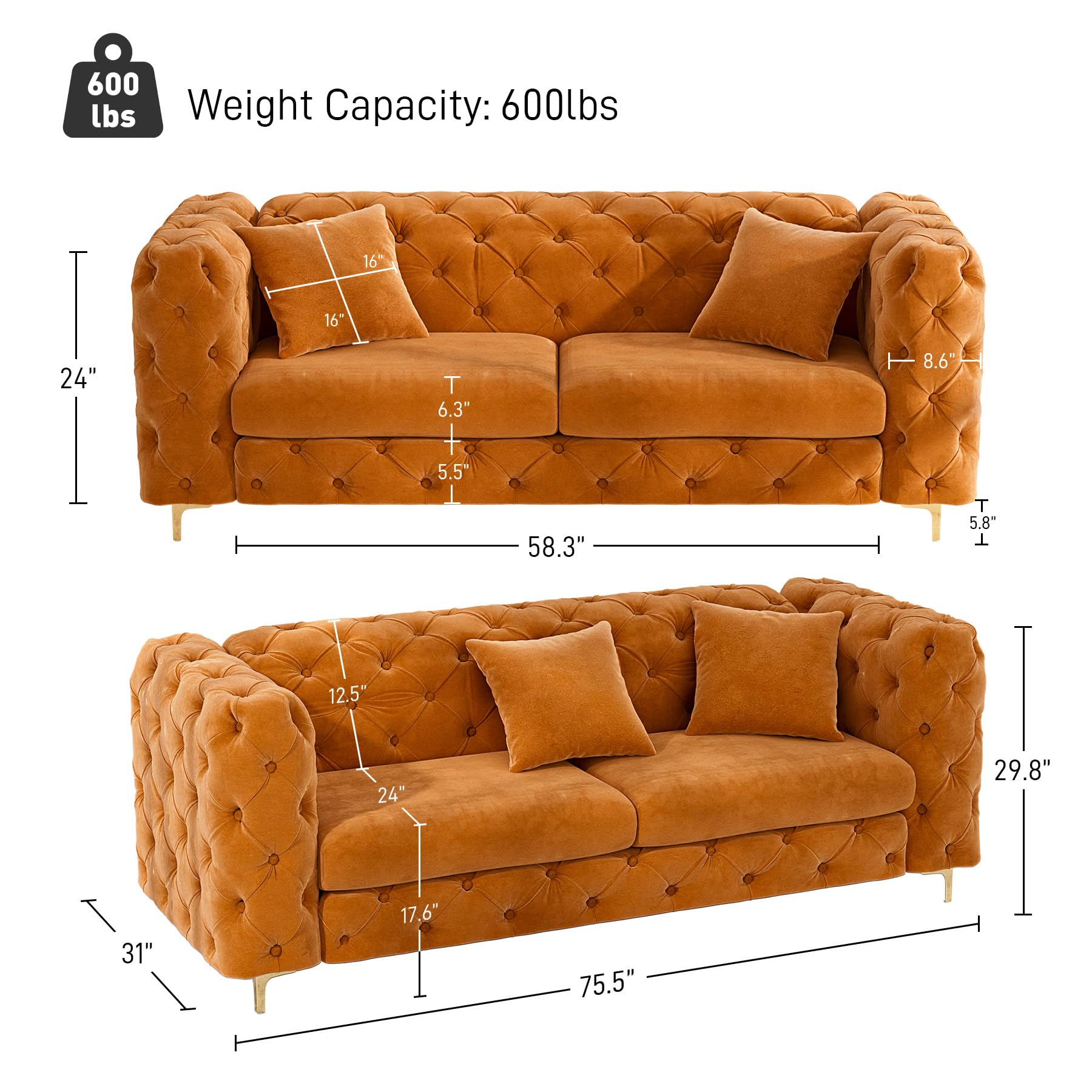 OUYESSIR 75" Comfy Modern Velvet Sofa Couch, Upholstered Deep Seat Sofa Tufted Couch with Metal Gold Legs and Pillows for Living Room Bedroom Office, Orange