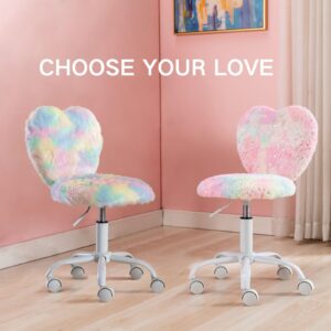 DAYALANE Fluffy Desk Chair with Wheels, Cute Kids Study Chair with Adjustable Height, Faux Fur Task Computer Chair Swivel Chair for Girls, Teen Rolling Chair for Bedroom, Vanity, Rainbow Pink