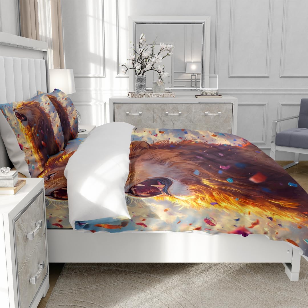 ZAJIO 3D Printed Lion Bedding Twin Duvet Cover Set Roaring Lion Comforter Cover Wild Animal Bedspread Cover 1 Quilt Cover with 2 Pillow Cases(No Comforter)