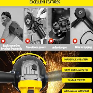 Cordless Angle Grinder for Dewalt 20v Batteries,11000RPM Brushless Electric Grinder,3 Variable Speed Metal Grinder for 4-1/2"Wheels with Adjustable Handle Grinding,Cutting And Polishing (Not Battery)