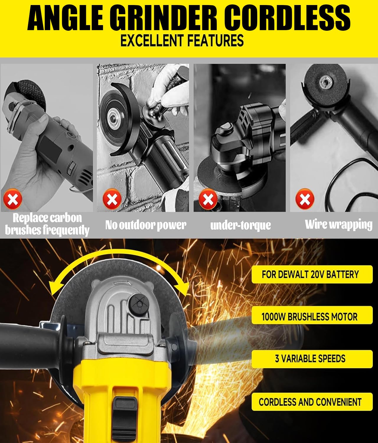 Cordless Angle Grinder for Dewalt 20v Batteries,11000RPM Brushless Electric Grinder,3 Variable Speed Metal Grinder for 4-1/2"Wheels with Adjustable Handle Grinding,Cutting And Polishing (Not Battery)