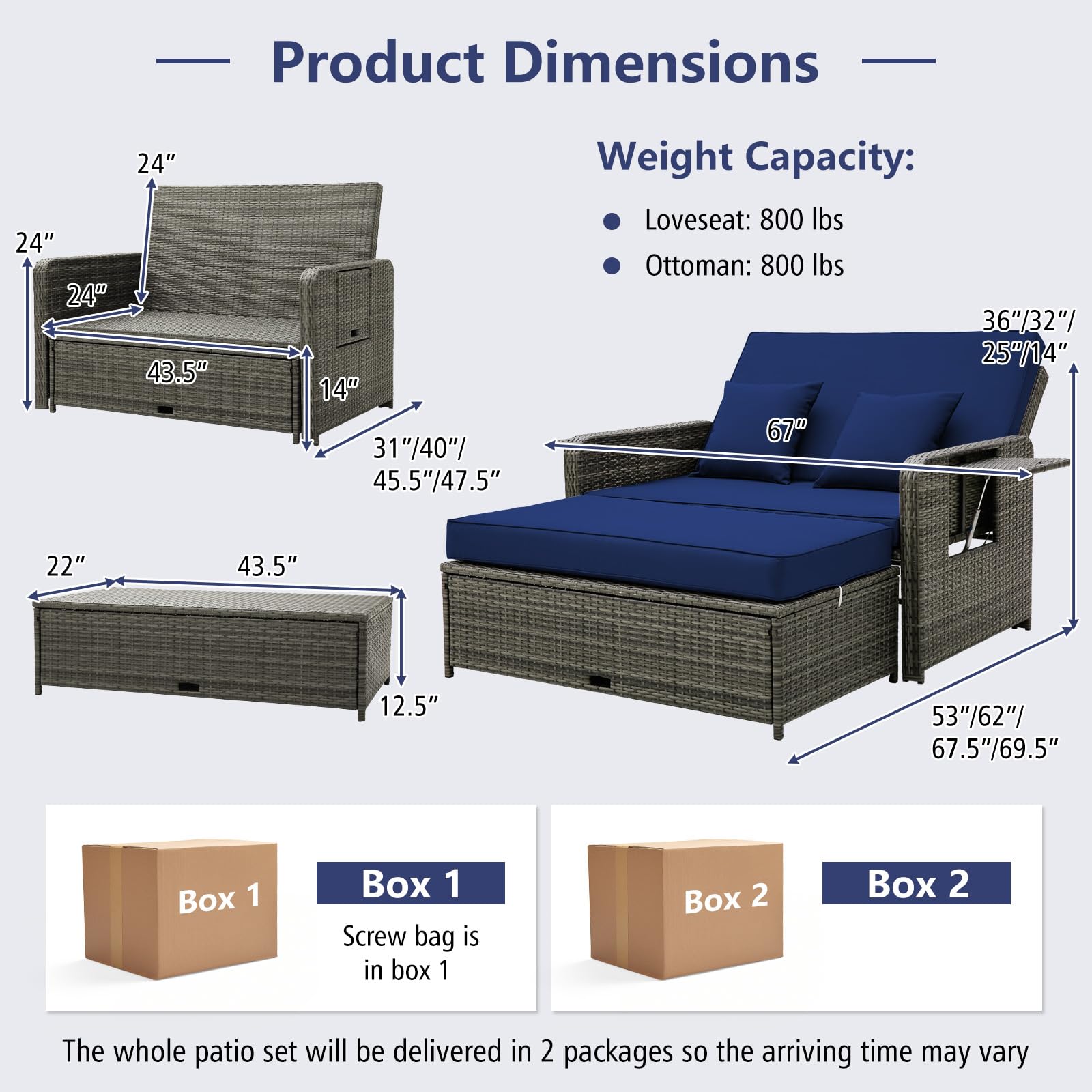 Tangkula Patio Rattan Daybed Set, Wicker Loveseat Sofa w/Multipurpose Ottoman & Retractable Side Tray, 4-Level Adjustable Backrest, Footstool w/Storage, Seat & Back Cushion Included