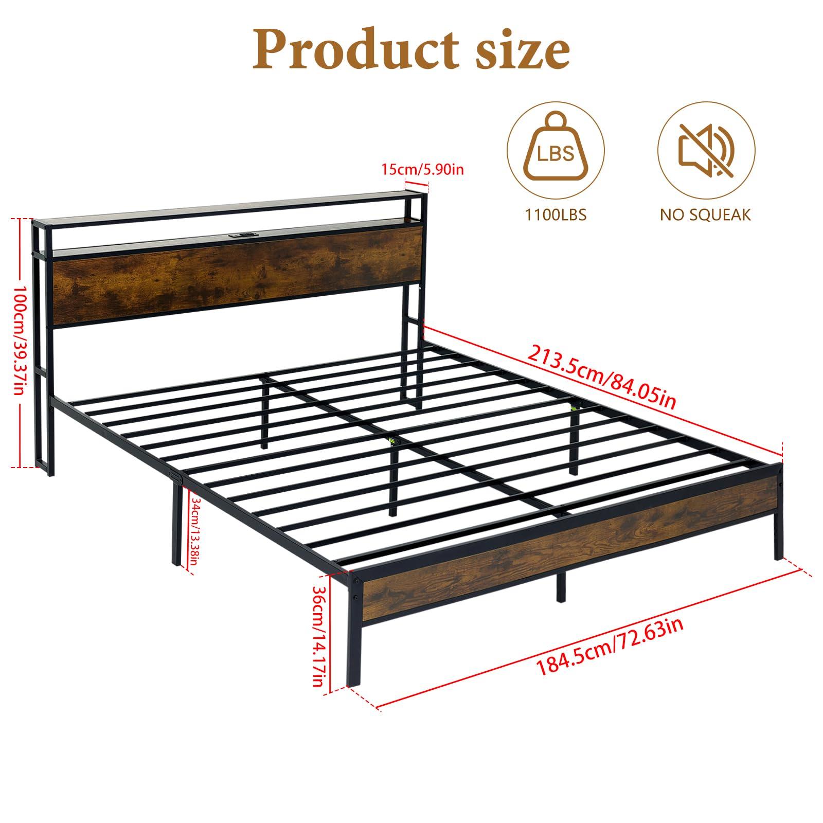 California King Bed Frames with Storage, Cali King Size Bed Frame with Headboard, Cal King Platform Bed with Power Outlets, USB Ports Charging Station and LED Lights, No Noise, No Box Springs Needed