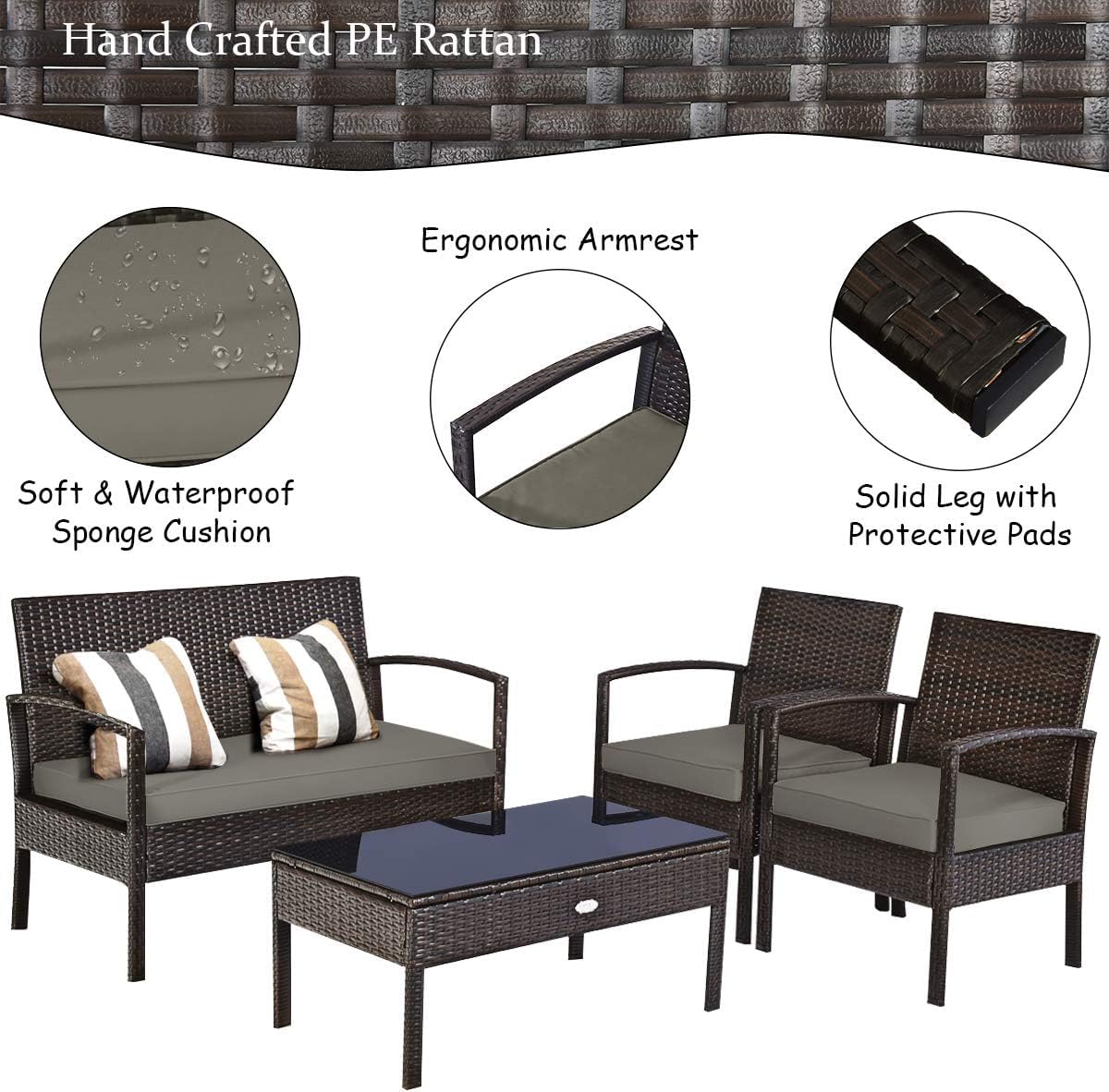 HOMGX 4 Piece Patio Furniture Set, Outdoor Modern Wicker Rattan Conversation Set w/Tempered Glass Top Coffee Table & 3 Padded Cushions for Backyard, Garden and Courtyard