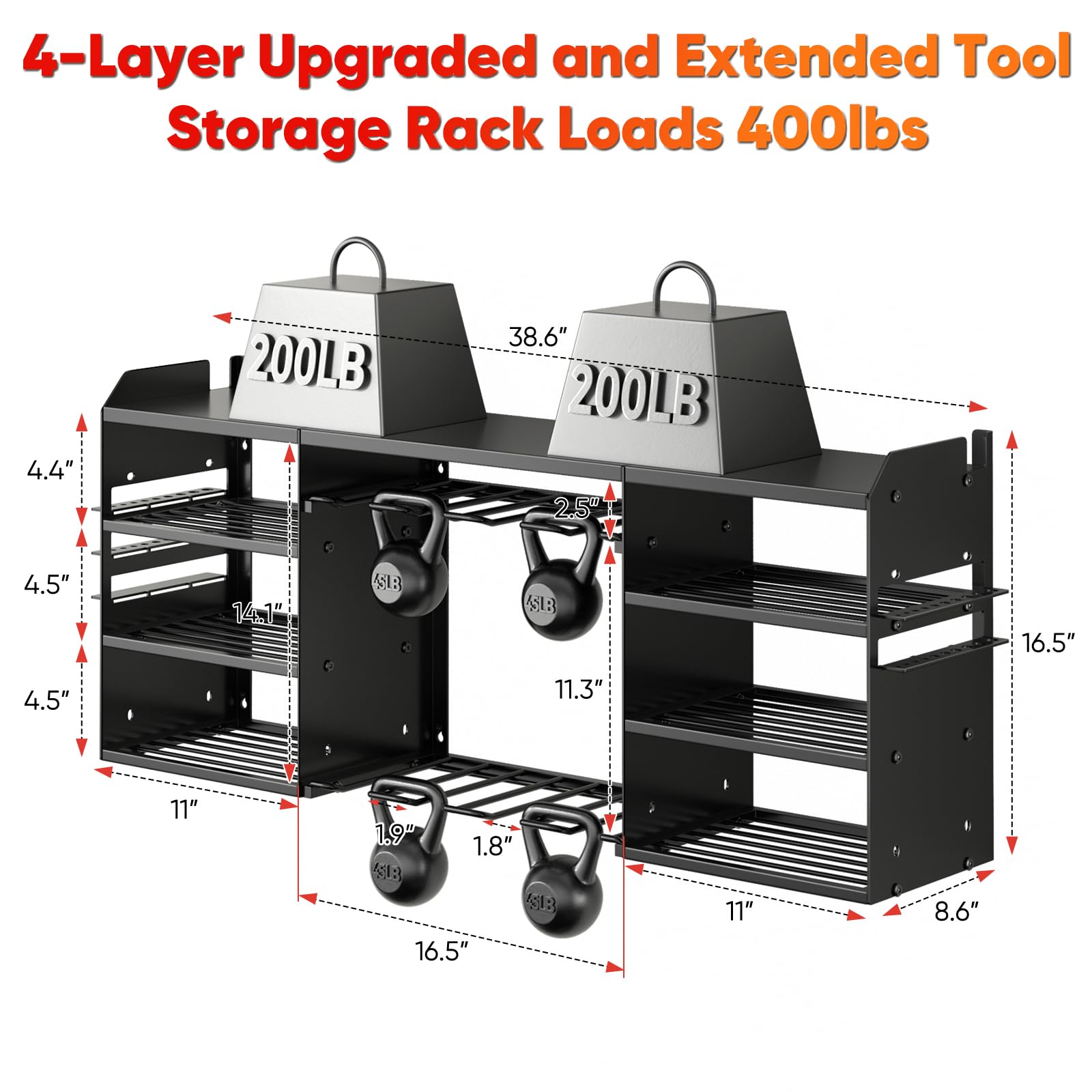 POKIPO Upgrade Large Power Tool Organizer Wall Mount,Cordless Tool Storage Rack with 8 Drill Holder,4 Layer Heavy Duty Metal Loads 400lbs Power Tools Battery Utility Shelve for Garage and Workbench