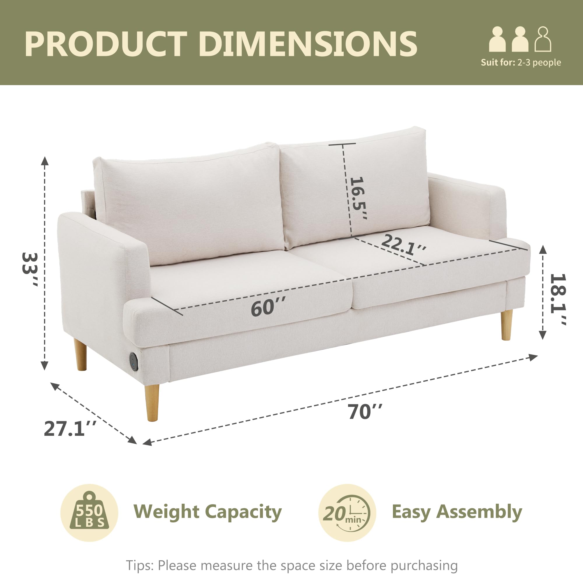 Busaurus 70" Loveseat Sofa, Mid Century Modern Couch for Small Spaces, 2 Seater Linen Fabric Sofa Upholstered Love Seat Couches with Comfy Pillows & USB for Living Room, Bedroom, Apartment, Beige