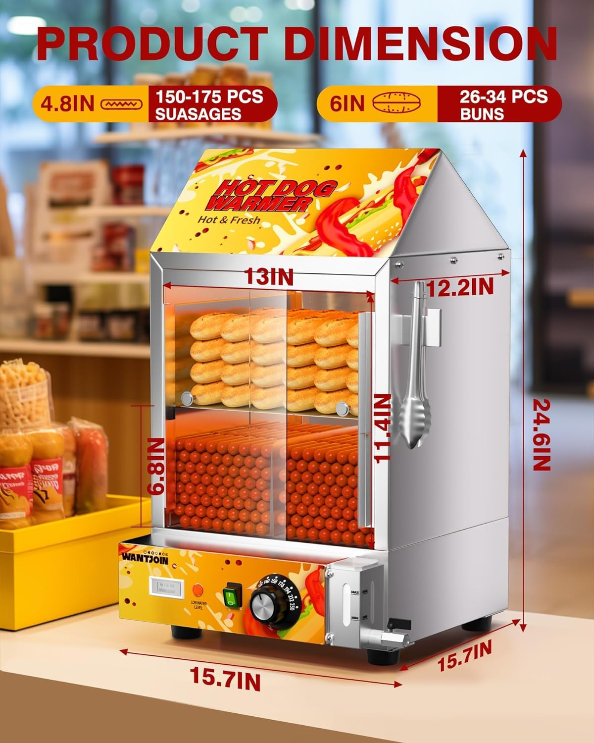 WantJoin Hot Dog Steamer, Adjustable Temperature 2-Tier Electric Hot Dog Steamer with Bun Warmer, 24.52 QT, Visible Glass Sliding Door and Water Level Line, Suitable for Steaming 175 Hot Dogs &40 Buns