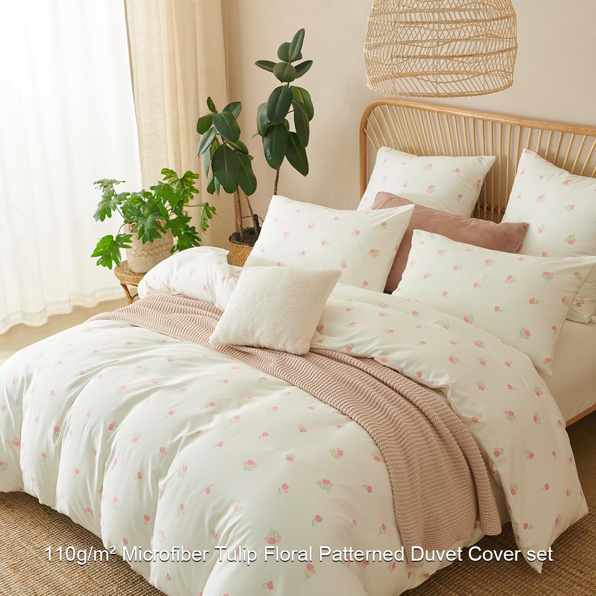 Erwinmu Floral Duvet Cover Set Queen Size,White Pink Tulip Pattern Bedding Duvet Cover with Zipper Closure,Breathable Microfiber Comforter Cover 90"x90" and 2 Pillowcases 20"x30"