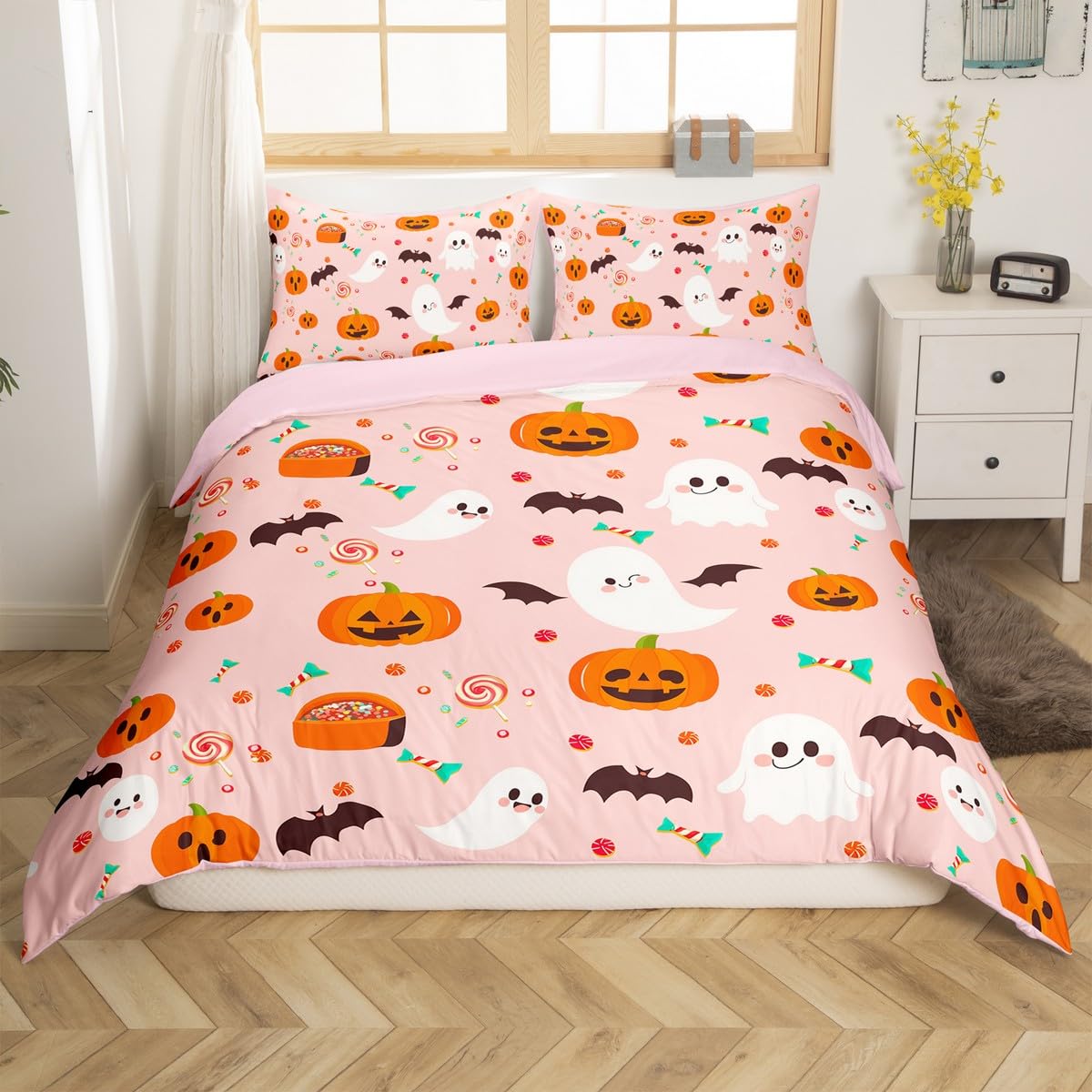 Halloween Pumpkin Decor Bedding Set Cute Ghost Decor Duvet Cover Full, Kids Trick Or Treat Duvet Cover Set for Boys Girls Gothic Pumpkin Lights Kawaii Shadows Pink Room Decor, No Comforter