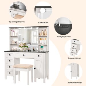 ANWBROAD Farmhouse Make up Vanity Desk with Mirror and Lights 43" Vanity Set with Power Outlet 3 Lighting Colors Adjustable Vanity Table 6 Drawers Storage Shelves Cabinets Stool Bedroom White UBDT60W