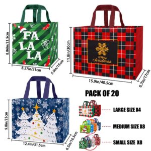 DULEFUN 20pcs Christmas Gift Bags, Reusable Christmas Tote Bags Treat Non-Woven Bags Large Medium Small Xmas Shopping Wrapping Bags for Christmas Holiday Party Favors Supplies