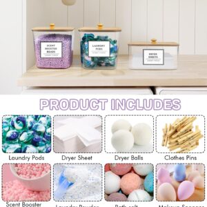 2+1 Pack Laundry Pods Container,Clear Laundry Detergent Powder Storage Containers,Laundry Room Organization Containers with Wooden Lids & Labels,Laundry Pods Holder for Scent Booster,Dryer Ball